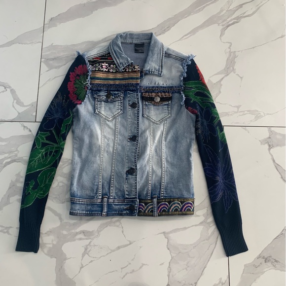 Desigual Jackets & Blazers - Desigual Denim Jacket Sz 34 Women Embellished Sequin Floral Knit Sleeves